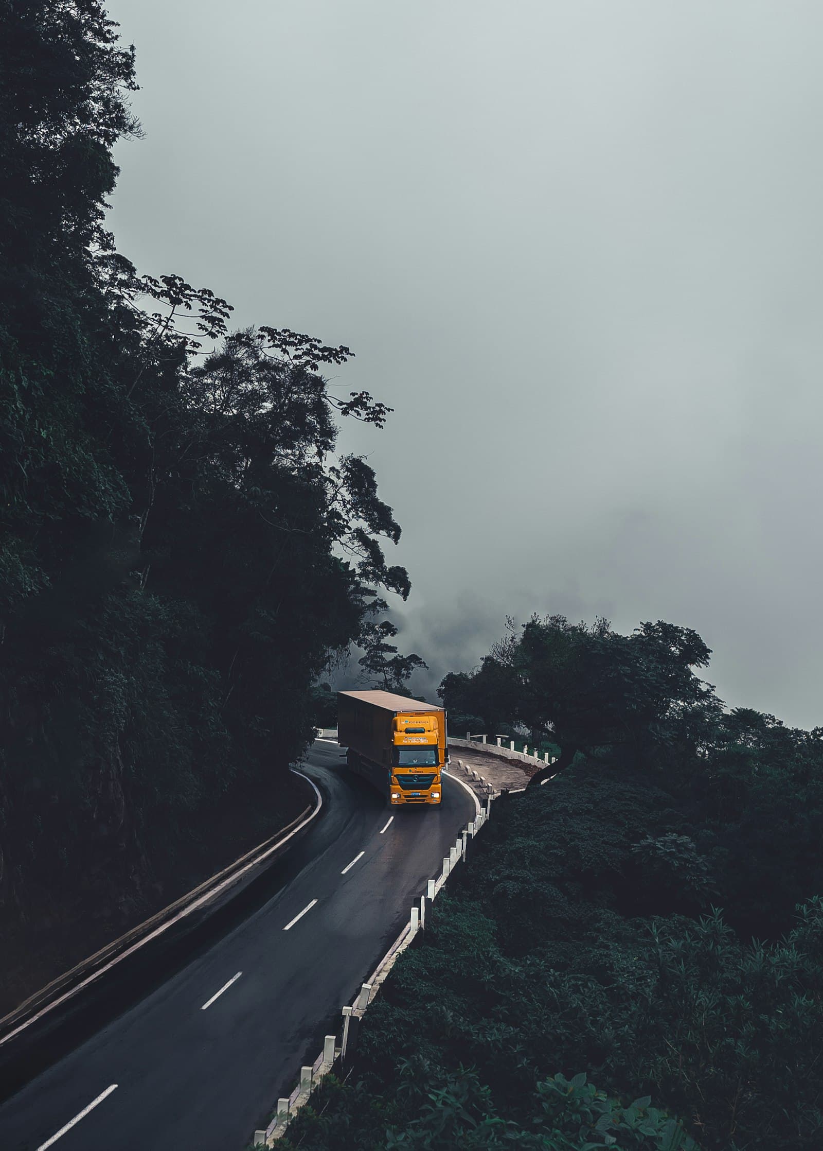 Truck on a misty forested mountain highway
