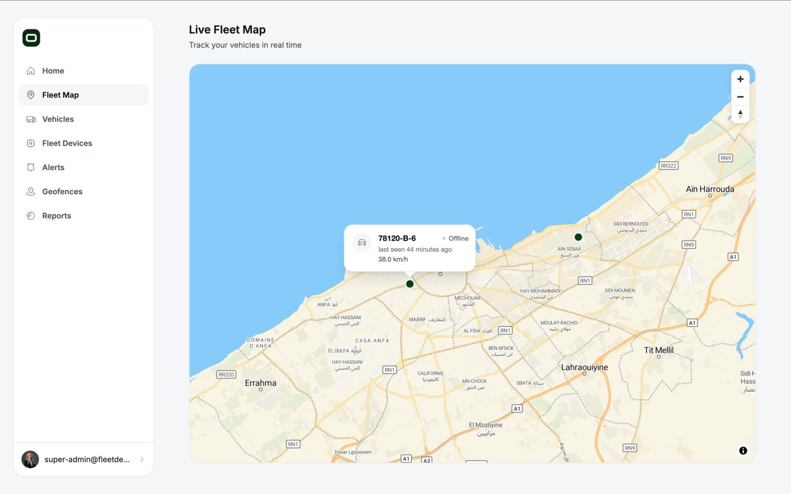 Opilote live fleet map over Casablanca with vehicle popover