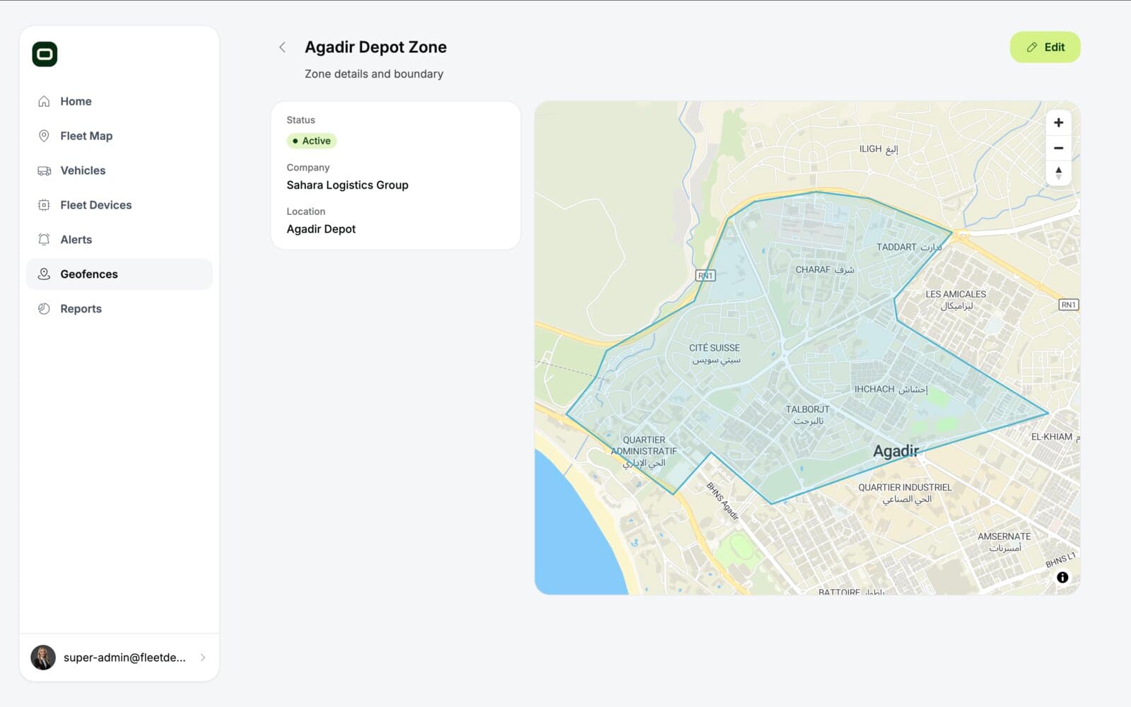 Opilote Agadir Depot Zone geofence boundary